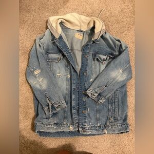 We The Free Blue Denim Jacket with Cream Hood